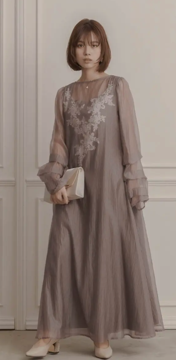 ブラウンのシアーオーガンジーAラインドレス-LE-RURE-M～マタニティ-マタニティ可-結婚式パーティーのレンタルドレスはリリアージュ-11-03-2025_01_44_PM