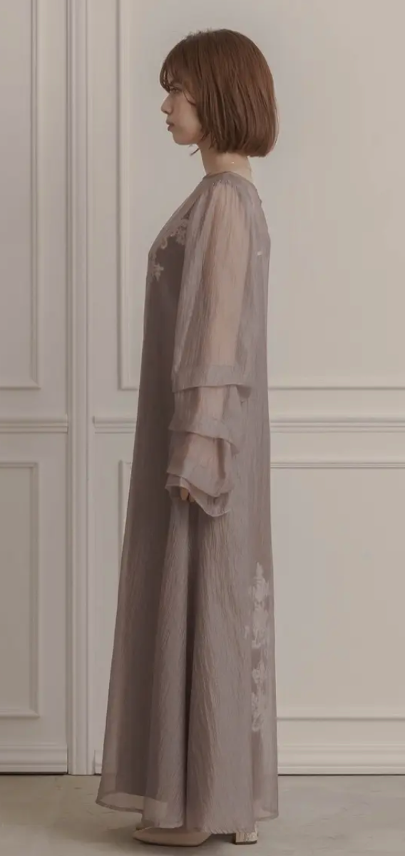 ブラウンのシアーオーガンジーAラインドレス-LE-RURE-M～マタニティ-マタニティ可-結婚式パーティーのレンタルドレスはリリアージュ-11-03-2025_01_45_PM